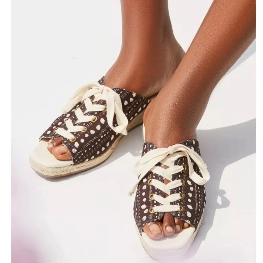 Urban Outfitters Block Print Lace Up Espadrille Sandals Mules Flats Shoes size 6